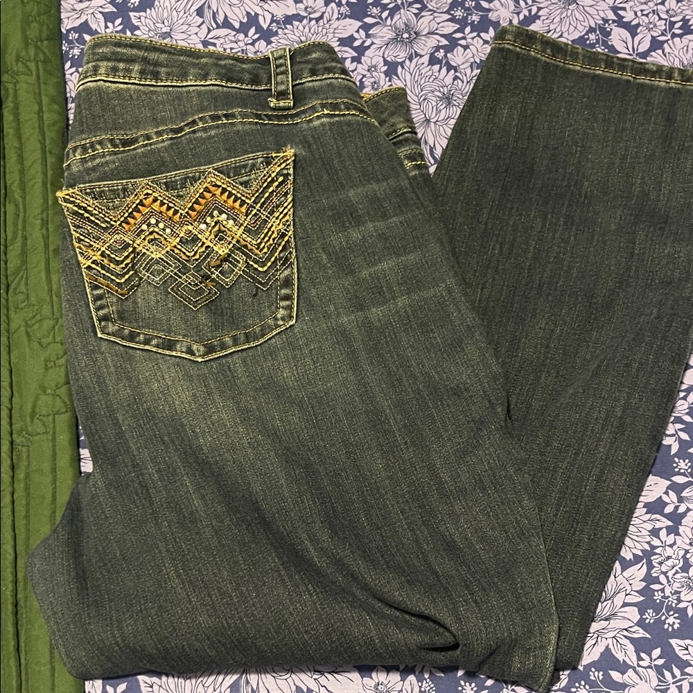 Lane Bryant Green Cropped Jeans with Gold Accents
